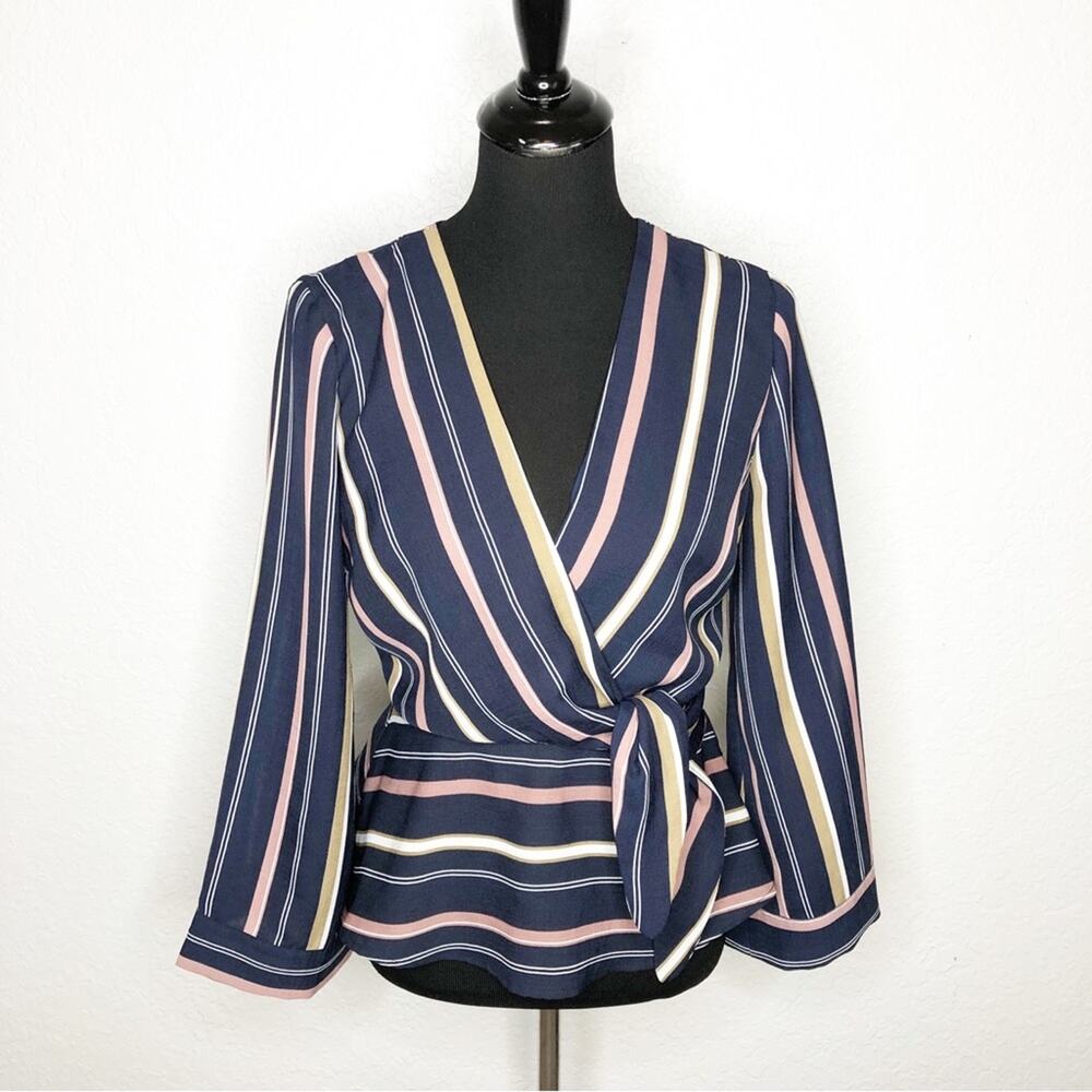 Adelyn Rae navy pink tan striped faux wrap top size Small